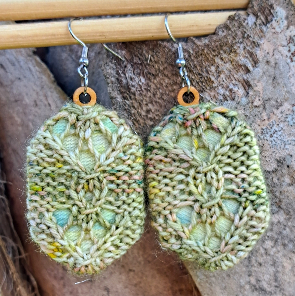 Hand Knit Earrings Green with Stellina Hand Dyed Yarn Abstract Green Cotton